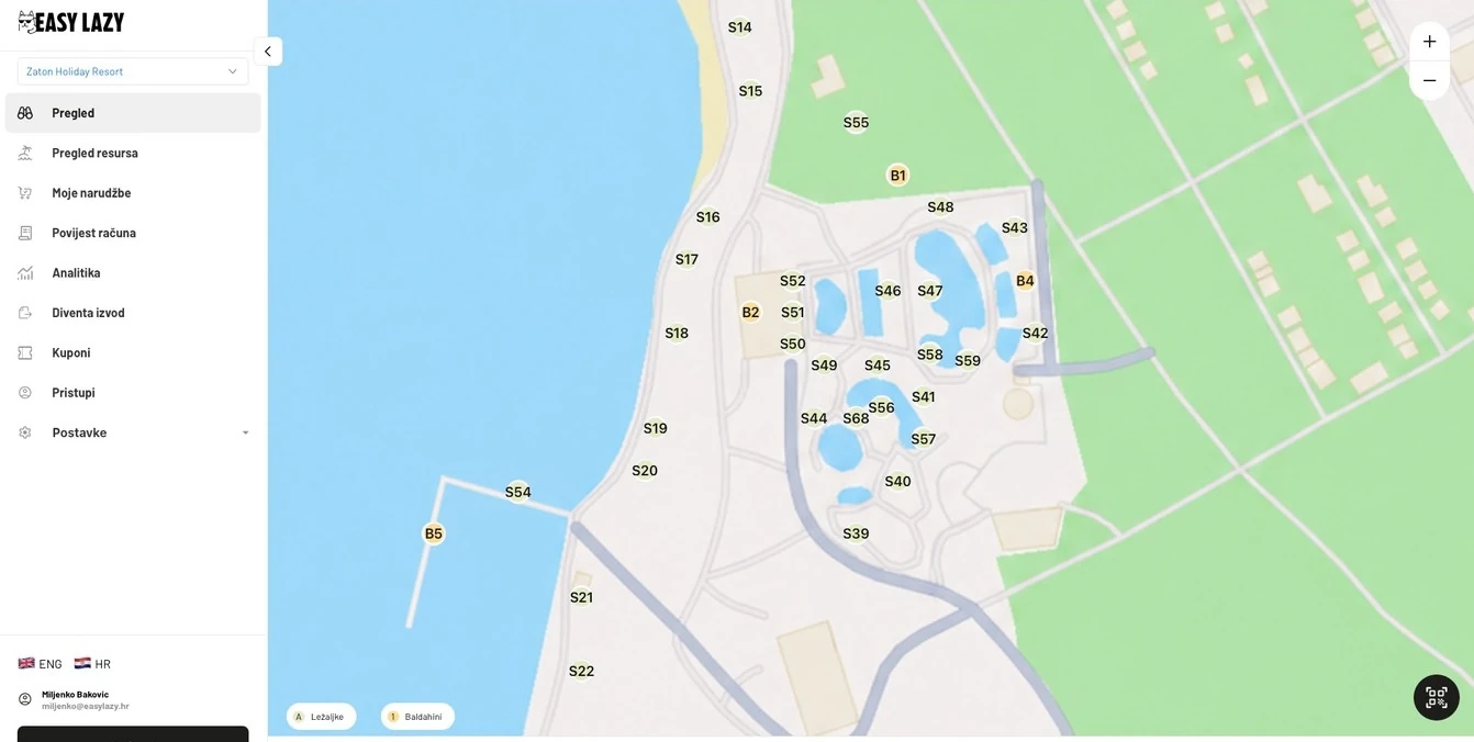 EasyLazy karta kompleksa s označenim ležaljkama i baldahinima